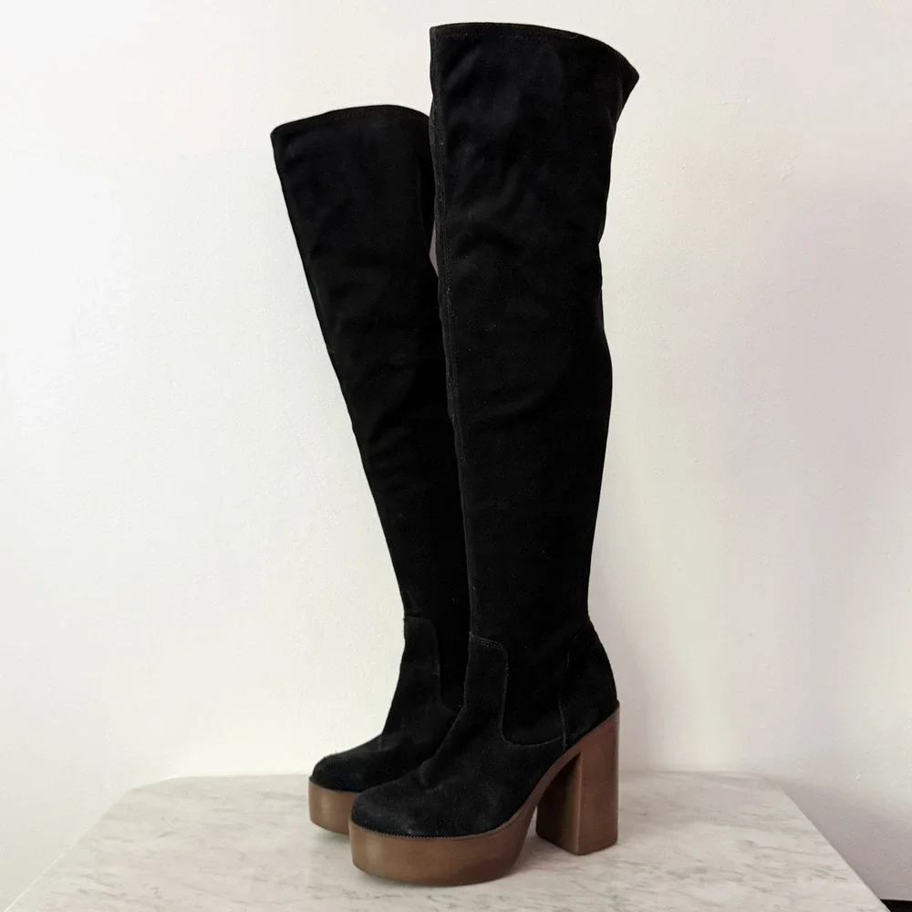 Topshop Platform Over The Knee Boots 70s Retro Black Suede 39 Wood Block Heel